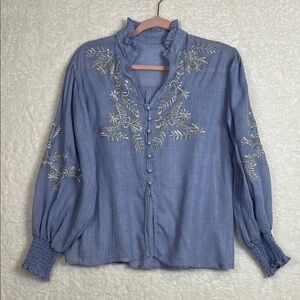 Beautiful Sheer Cotton Embroidered Blue Women's Top with smocked cuffs Small